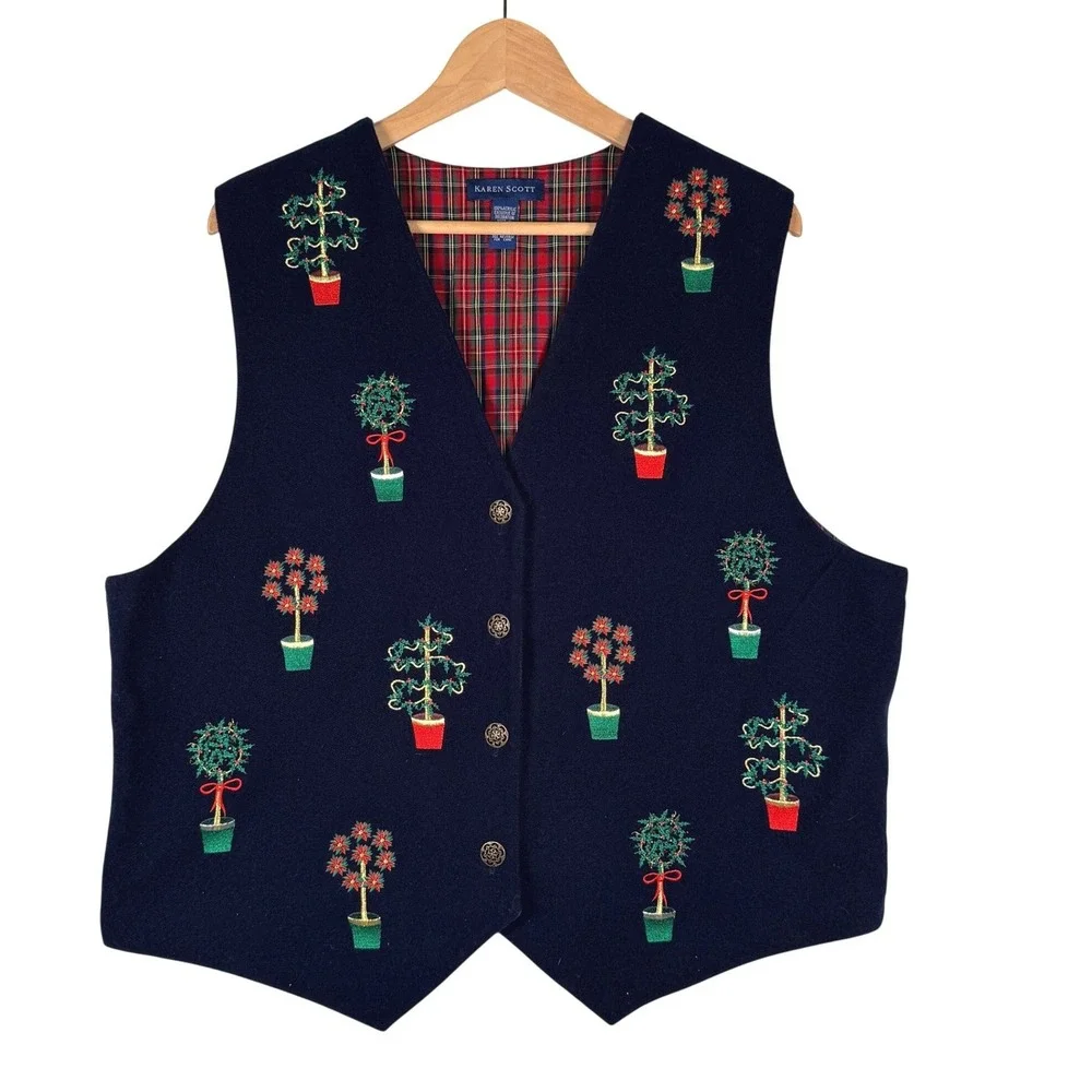 Karen Scott Vintage Christmas Vest Navy Blue Embroidered Topiary Plaid Lined XL - Picture 1 of 5
